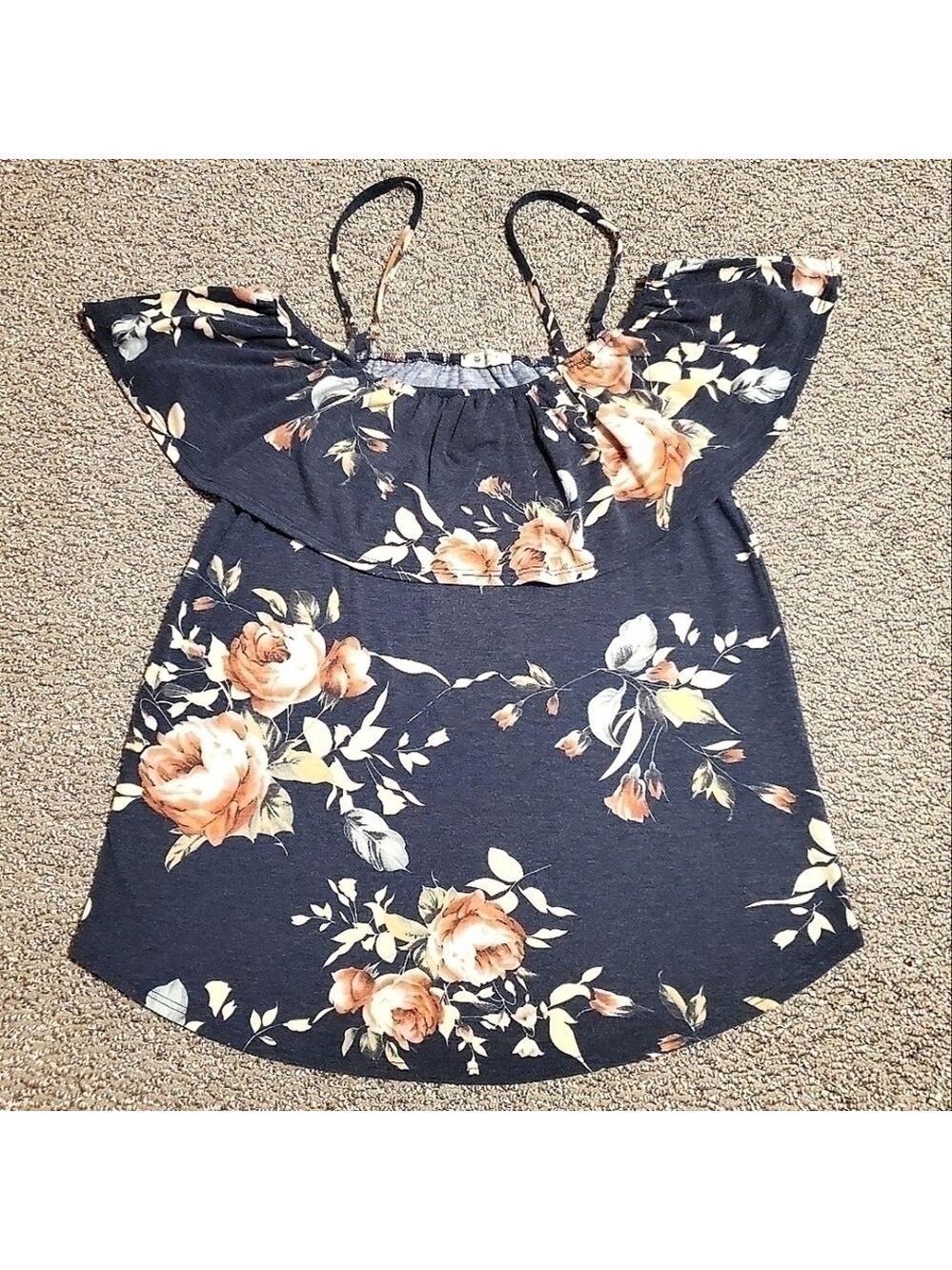 Bombom Boho Floral Off-The-Shoulder Blouse Ruffle Feminine Navy Blue Pink Medium